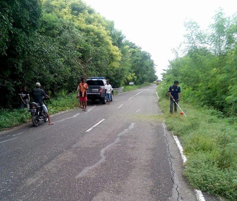 Kanit Binmas Polsek Pandawai Kerja Bhakti Bersama Warga Bersihkan Rumput Liar Di Pinggir Jalan