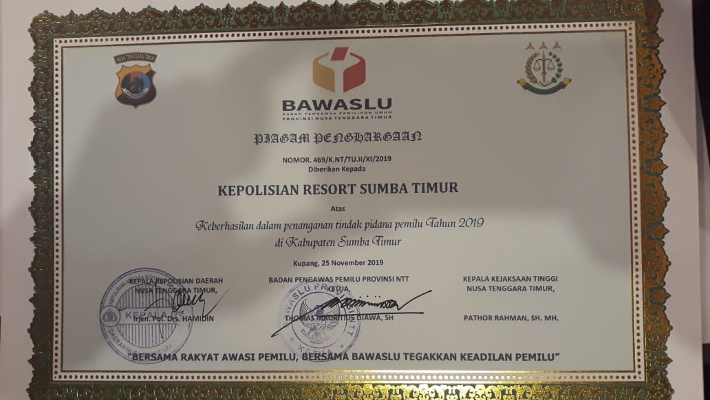 Polres Sumba Timur Raih Penghargaan Gakkumdu Terbaik, Kasat Reskrim : Ini Merupakan Motivasi, Masih Ada Agenda Besar di Tahun 2020